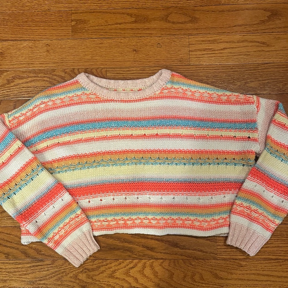 Saltwater Luxe Ronnie Sweater Pink Multi Stripe XS Cropped Oversized Beachy Boho